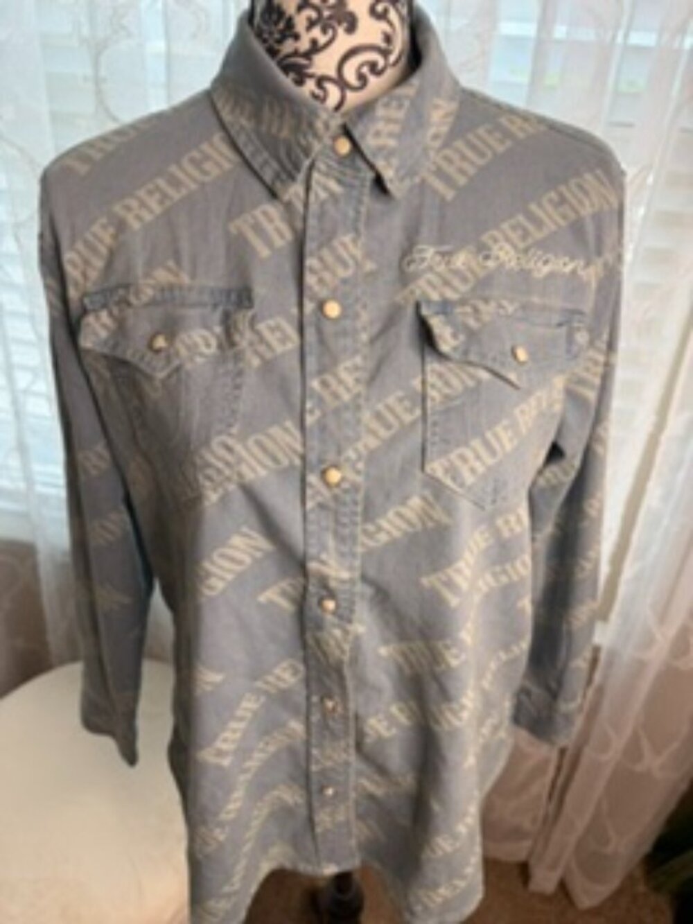 True Religion All Over Logo Denim Shirt Blue Button